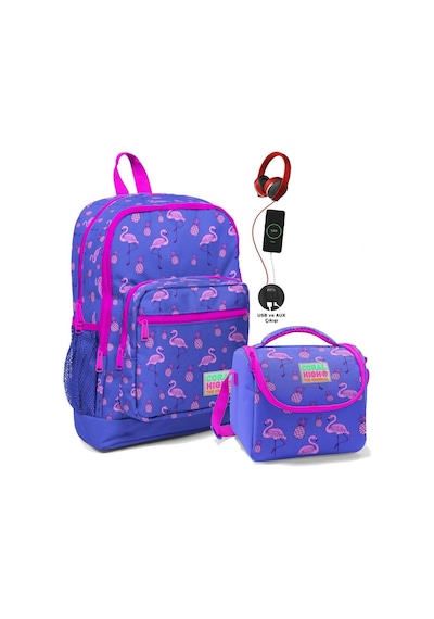 Coral High Okul Çantası Ve Beslenme Çantası Seti - Kız Çocuk Mor Flamingo - Usb Soketli Çok Renkli