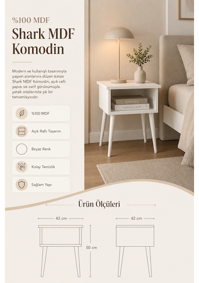 Renazzo %100 Mdf Shark Komodin - Çekmecesiz Beyaz