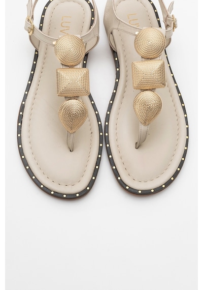 Luvishoes Luvi Shoes Helen Bej Hakiki Deri Parmak Arası Gold Tokalı Kadın Sandalet Bej