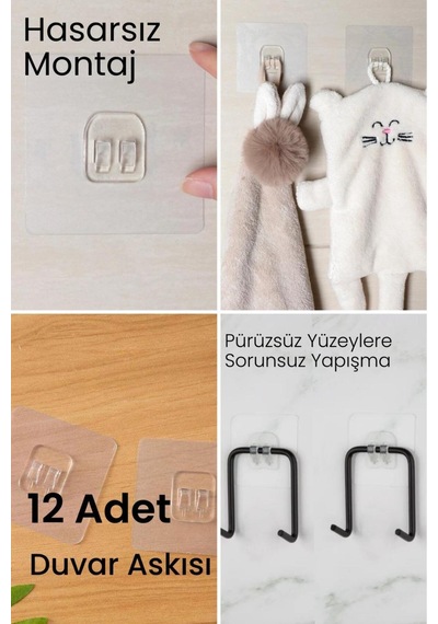 12 Adet Güçlü Çerçeve Askısı Yapışkanlı Raf Tutucu Banyo Askı Kanca Plastik Şeffaf Cn Diğer