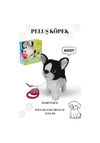 Yürüyen Havlayan Kuyruk Sallayan Tasmalı Peluş Köpek - Sesli Ve Hareketli Oyuncak Köpek Beyaz - Siyah