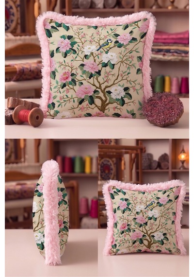 Çiçek Romantik Bahar Zarif Kuş Motifli Saçaklı Yastık Kılıfı-boho Krem Pembe Püsküllü Kırlent Kılıfı Şeffaf