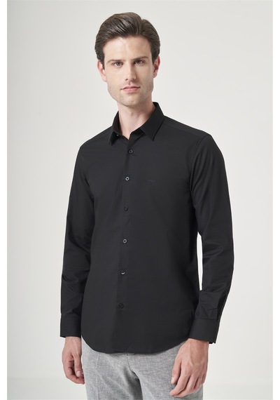İmza Siyah Sert Yaka Uzun Kol Cepsiz Slim Fit Pamuklu Gömlek 1004260181