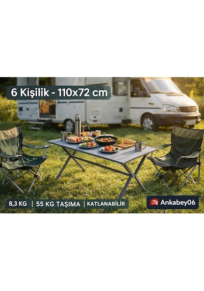 Ankabey06 Yerli 6 Kişilik Katlanabilir Kamp Masası 110x72 Cm Alüminyum Ayaklı Galvaniz Sac 55 Kg Taşıma Taşıma Çantalı Gri