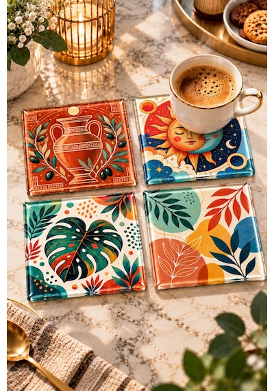 Gökçeoğlu Cam Bardak Altlığı Güneş Ay Ve Botanik Temalı 4'lü Takım 10cm X 10cm Çok Renkli