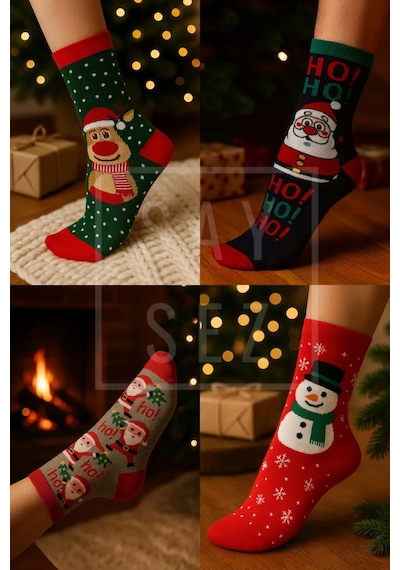 Saysez Unisex Yılbaşı Desenli 4'lü Paket Renkli Soket Çorap Christmas Happy New Year Çok Renkli