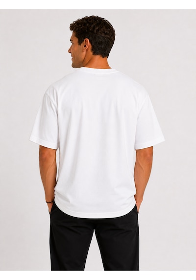 Vasto Moda Erkek Oversize Kalın Dokulu %100 Organik Pamuk Bisiklet Ribana Yakalı Beyaz T-shirt