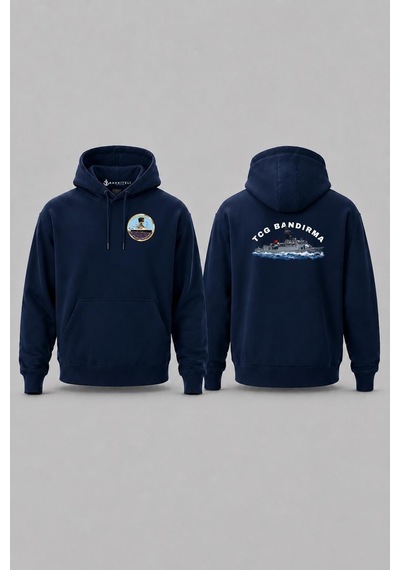 Bahriyeli Collection Kapüşonlu Tcg Bandırma Dalgalar Arası Tasarımlı Cep Ve Sırt Baskılı Unisex Sweatshirt Lacivert