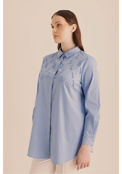Aker İşlemeli Cotton Gömlek Mavi Mavi