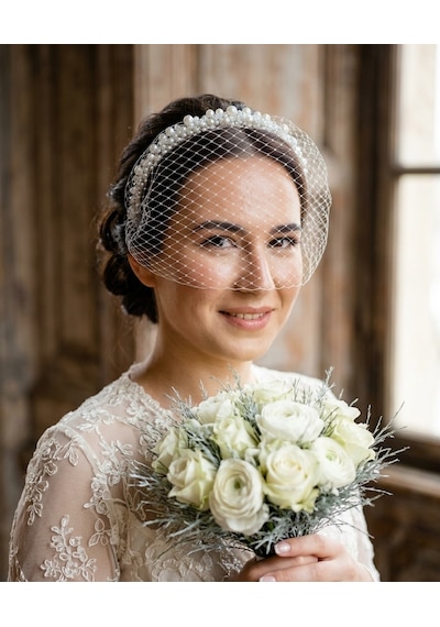 İncili, Duvaklı Nikah Tacı, Gelin Tacı, Nedime , Lohusa , Parti Tacı Orjinal Vual Tül ile