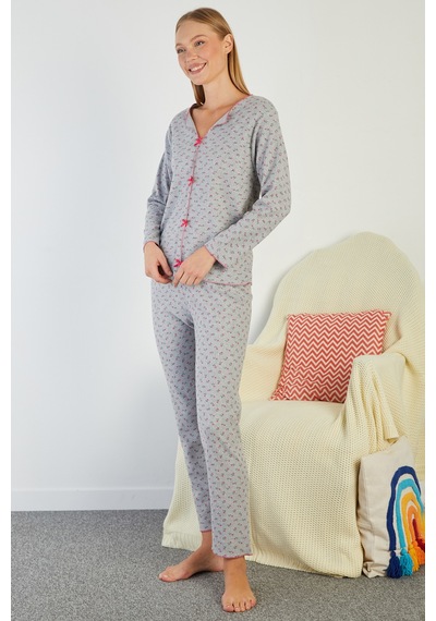 Fullamoda Çiçek Desenli V Yaka Pijama Takımı Gri