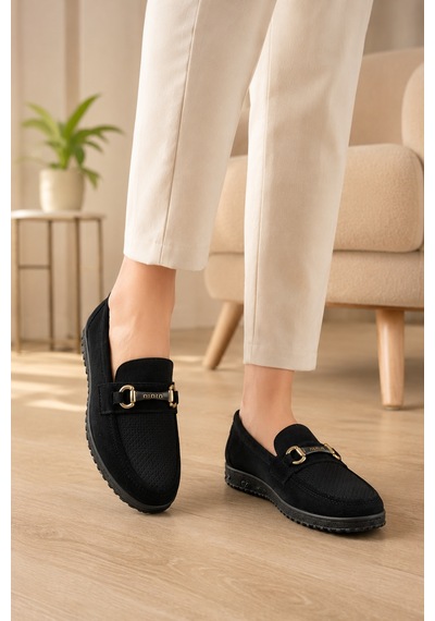Homiro Kadın Tokalı Günlük Loafer Süet Ayakkabı- Siyah