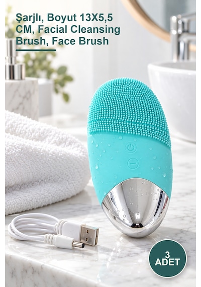 3 Adet Yüz Temizleme Fırçası Şarjlı, Boyut 13x5,5 Cm, Facial Cleansing Brush, Face Brush