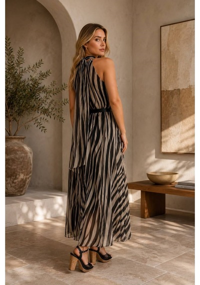 Moda Banuş Zebra Şifon Astarlı Elbise Siyah