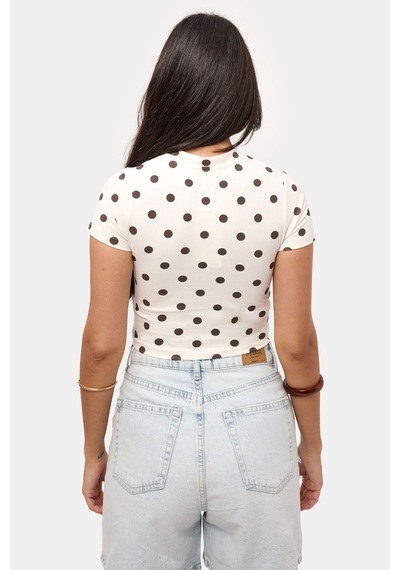 Kadın Ekru Puantiyeli S6-101 Crop Fit T-shirt