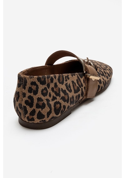 Luvi Shoes Jonas Siyah Sarı Desenli Hakiki Deri Kemerli Kadın Babet Ayakkabı Leopar