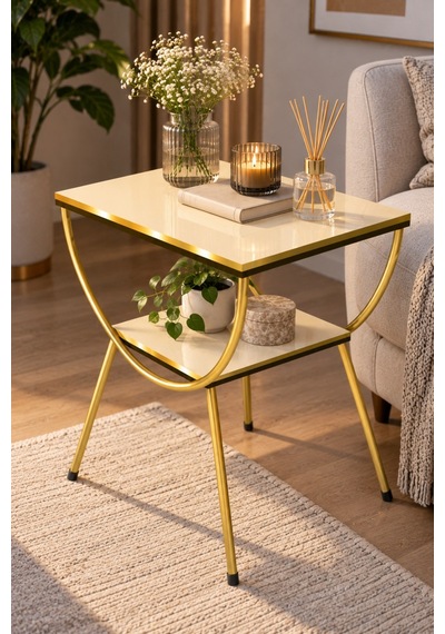 Sulorahome Yan Sehpa Komodin Gold Ve Krem Renkli İki Katlı Tasarım Altın - Krem