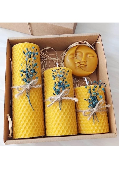 Dekoratif Doğal Petek Balmumu Mum Ay Ve Güneş Seti Bal Mumu Mum Hediyelik Beeswax Candle Açık Ahşap