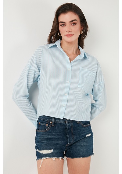 Lela Regular Fit Çizgili Göğüs Cepli Dokulu Bayan Gömlek 6772870 Bebe Mavi