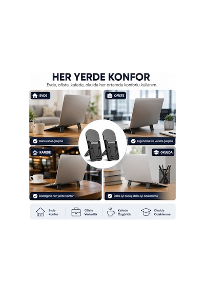 Polham Metal 2 Adet 7mm 3m Yapışkanlı Katlanabilir Ultra Mini Laptop Standı,2 Açılı Laptop Yükseltici Siyah