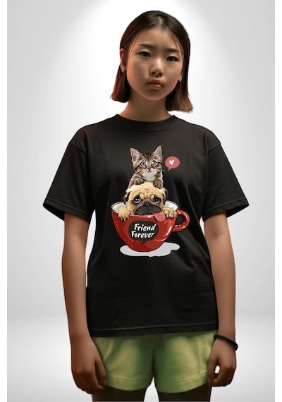 Kedi Ve Köpek Sonsuzadek Arkadaşız Pamuklu Bisiklet Yaka Unisex Oversize Boyfriend Dijital Baskılı Siyah T-shirt Siyah