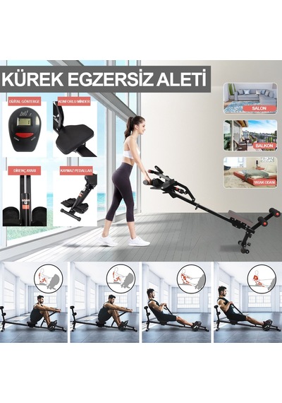 Hidrolik Katlanabilir Kürek Çekme Aleti Gösterge Ev Kardiyo Tüm Vücut Egzersiz + Direnç Lastiği