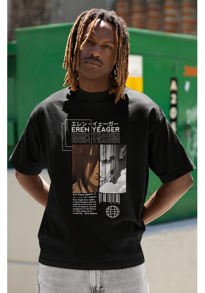 Tasarım Eren Yeager Attack On Titan Baskılı Unisex Oversize Anime Siyah