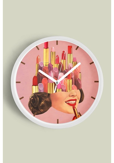 Lipstick - Ruj Modern Tasarım Duvar Saati - 35cm - Önü Camlı Beyaz Kasa - Sessiz Mekanizma Beyaz