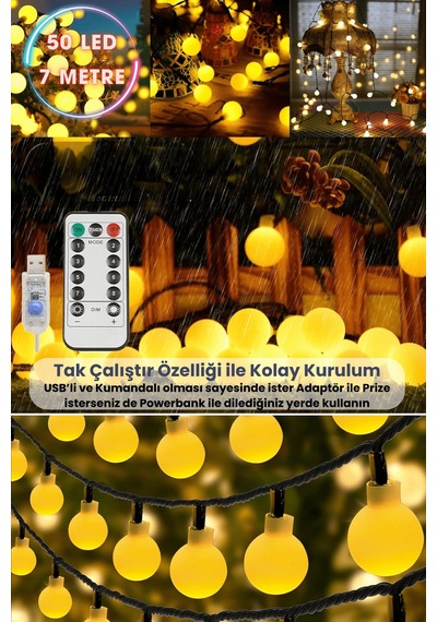 Technosmart 50 Ledli Usbli Kumandalı 8 Modlu 8 Metre Toplu Işık Parti Süsleme Organizasyon Sarı