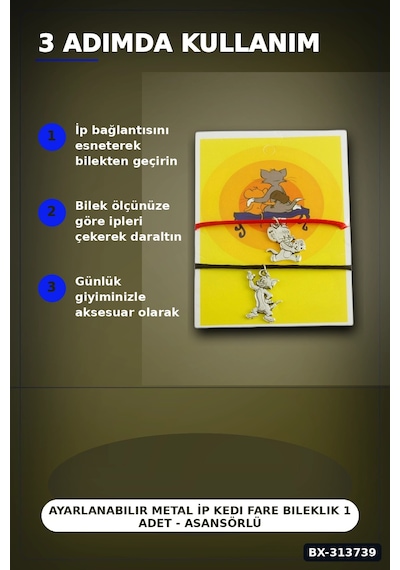 Ayarlanabilir Metal İp Kedi Fare Bileklik 1 Adet - Asansörlü Bijuteri Aksesuarı Bx-313739 Çok Renkli