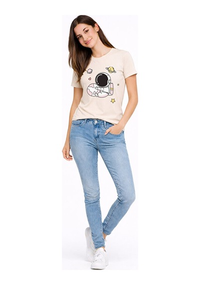 Sevgili Kombini Astronot Baskılı Çift Tişört Oversize Unisex Partner Tişört 2 Li Set Bej