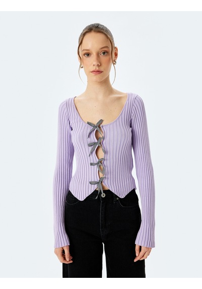 Koton Fiyonklu V Yaka Slim Fit Crop Triko Hırka Lila 5sal90020ht Lila