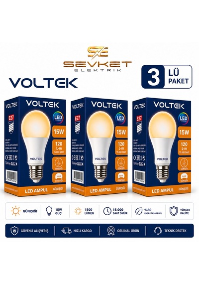 Voltek 15 Watt Led Ampul Günışığı 3'lü Paket 3 Adet