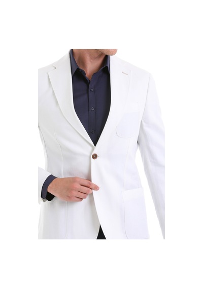 Hatemoğlu Beyaz Comfort Fit Düz Mono Yaka Casual Keten Ceket Beyaz
