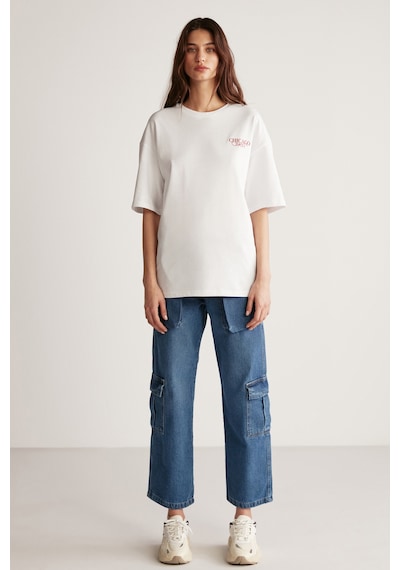 Grımelange Janna Kadın Şehir Temalı Ön Ve Arka Baskı Detaylı Oversize Fit Bisiklet Yaka Beyaz / Kırmızı T-shirt