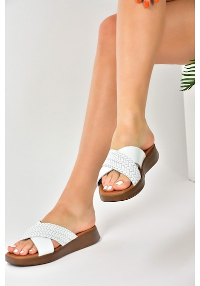 Fox Shoes Beyaz Hakiki Deri Çapraz Bantlı Kadın Terlik M291049903