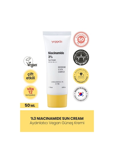 Yeppda %3 Niacinamide İçeren Aydınlatıcı Vegan Güneş Kremi Yeppda Niacinamide Sun Cream SPF50+ PA++++ 50ml