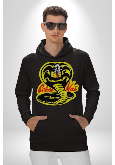 Cobra Kai Karete Çocuk Yılan Logo Dizi Kadın Erkek Siyah Kapüşonlu Sweatshirt Hoodie Siyah