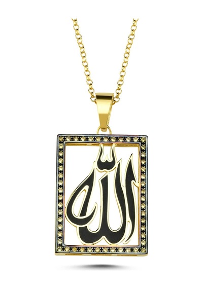 Mineli Allah Yazılı Siyah Kolye Gümüş