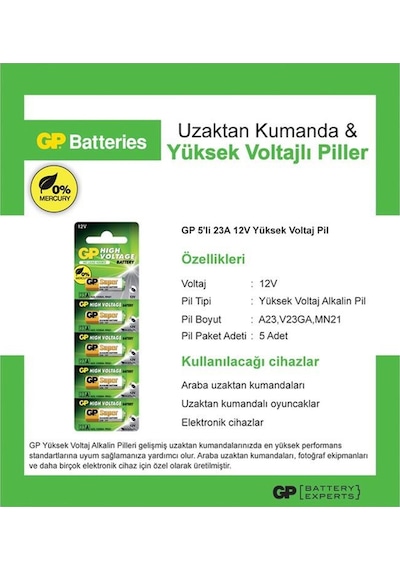 Gp 23a Alkalin Kartela Pil 12v 5 Li Paket Pil Kumanda Çakmak 23a - Mn21 - A23 - V23ga - 23ae