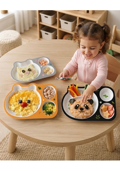 3 Adet Farklı Model Melamin Çocuk Yemek Tabağı Seti - 3 Bölmeli Kırılmaz Bebek Beslenme Tepsisi Blw Tabağı Çok Renkli