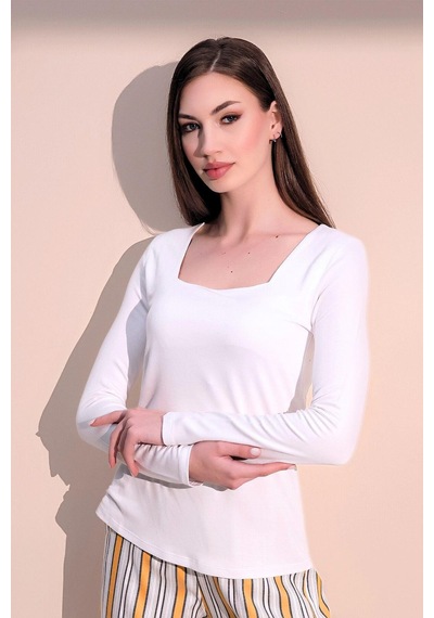 WeShaya Kadın Beyaz Günlük Stil Basic Kare Yaka Uzun Kol Bluz Beyaz