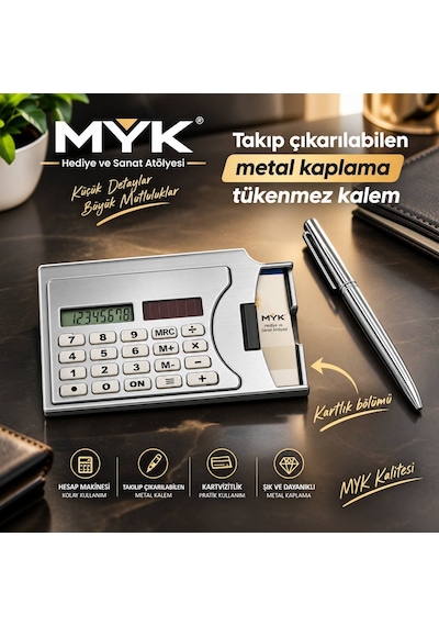 Metal Kaplama Hesap Makineli Kartvizitlik Ve Takıp Çıkarılabilir Tükenmez Kalem Seti Gri - Şeffaf
