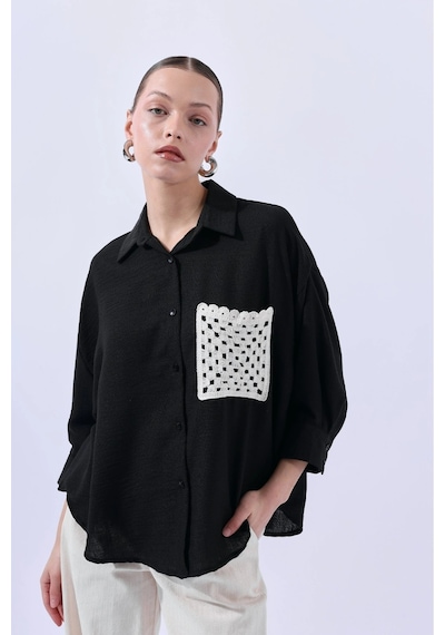 Reyon Örgü Cepli Siyah Gömlek 34158 Siyah