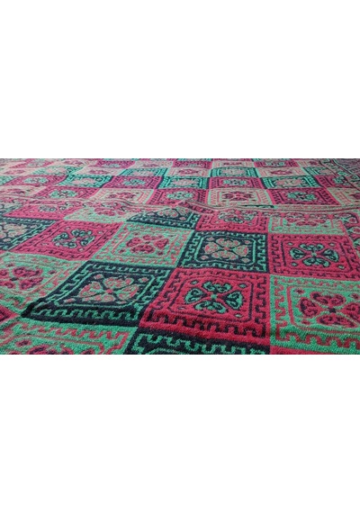Çift Taraflı 3 Mekik Karo Desen Pamuklu Makine Dokuma Kilim Kırmızı - Yeşil - Siyah