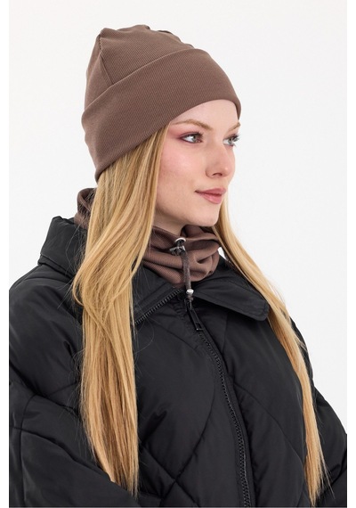 Butikgiz Kadın Balıkçı Style Pamuklu Kaşkorse Terletmez Ultra Hafif Yumuşak Bere Boyunluk Takım Kahverengi