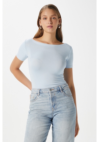 Ritnice Kadın Velvet Kayık Yaka Lux Touch Yumuşak Doku Kısa Kol Mavi Bluz