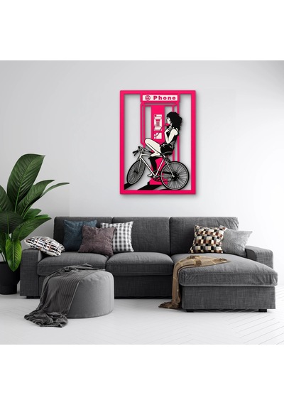 Pembe Telefon Kulübesi Ve Bisikletli Kadın Metal Tablo 91x125 Cm Çok Renkli