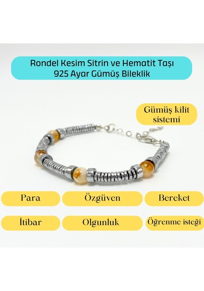 Yıldız Doğal Taş Rondel Kesim Sitrin ve Hematit Doğal Taş Gümüş Bileklik 6 MM