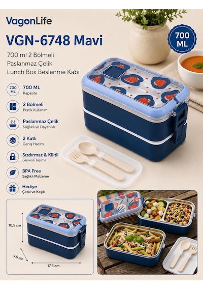 Vagonlife Vgn-6748 Mavi 700 Ml 2 Katlı Paslanmaz Çelik Lunch Box Beslenme Kabı Çok Renkli